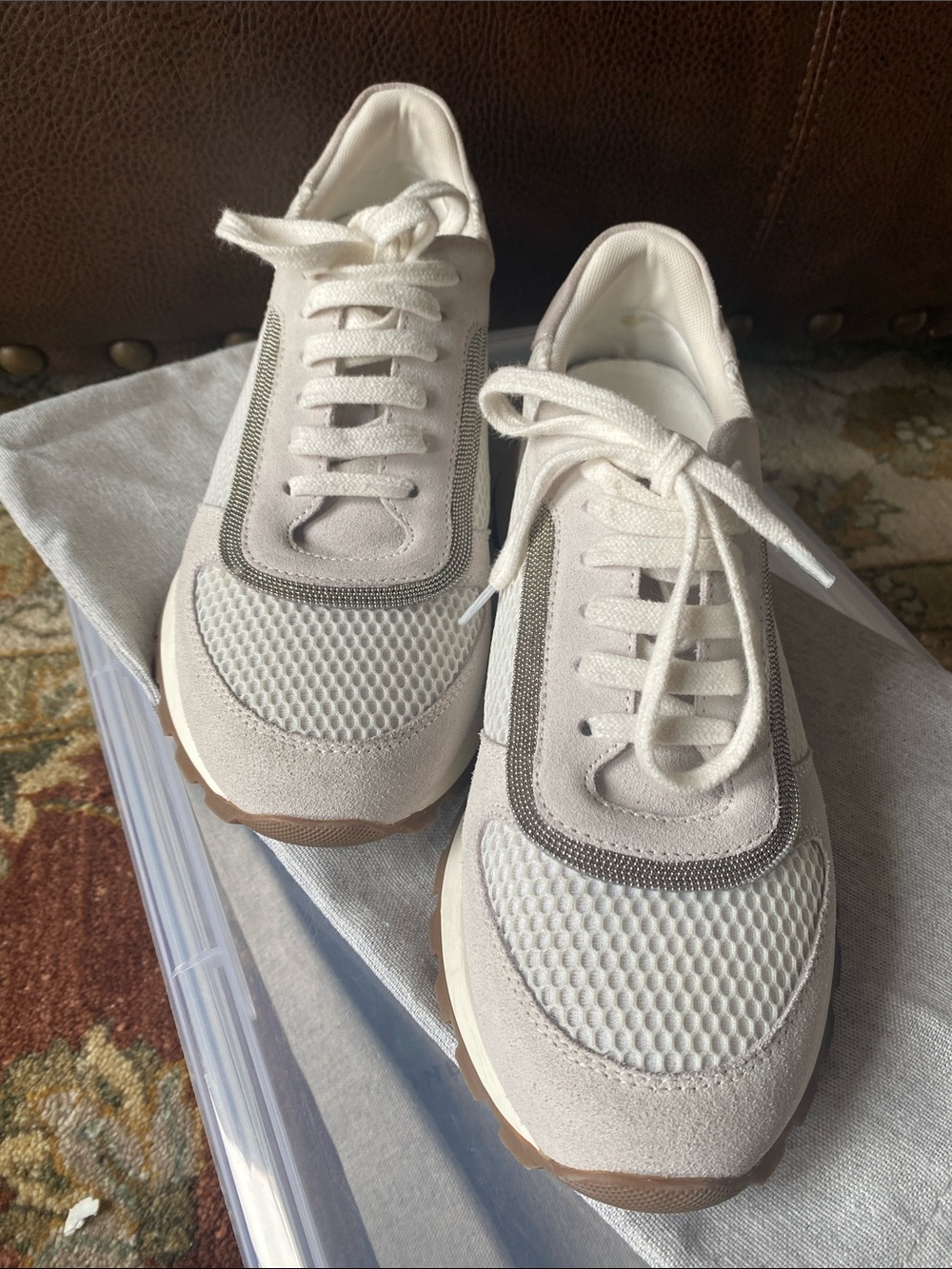 $1295 Brunello Cucinelli white/light gray mesh and suede sneakers w/monili 37.5 - Picture 3 of 12